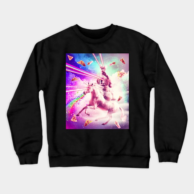 Laser Eyes Space Cat Riding Dog, Unicorn - Rainbow Crewneck Sweatshirt by Random Galaxy